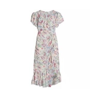 cinq a sept Floral High-Low Dress in Cream with Pink and Blue Print